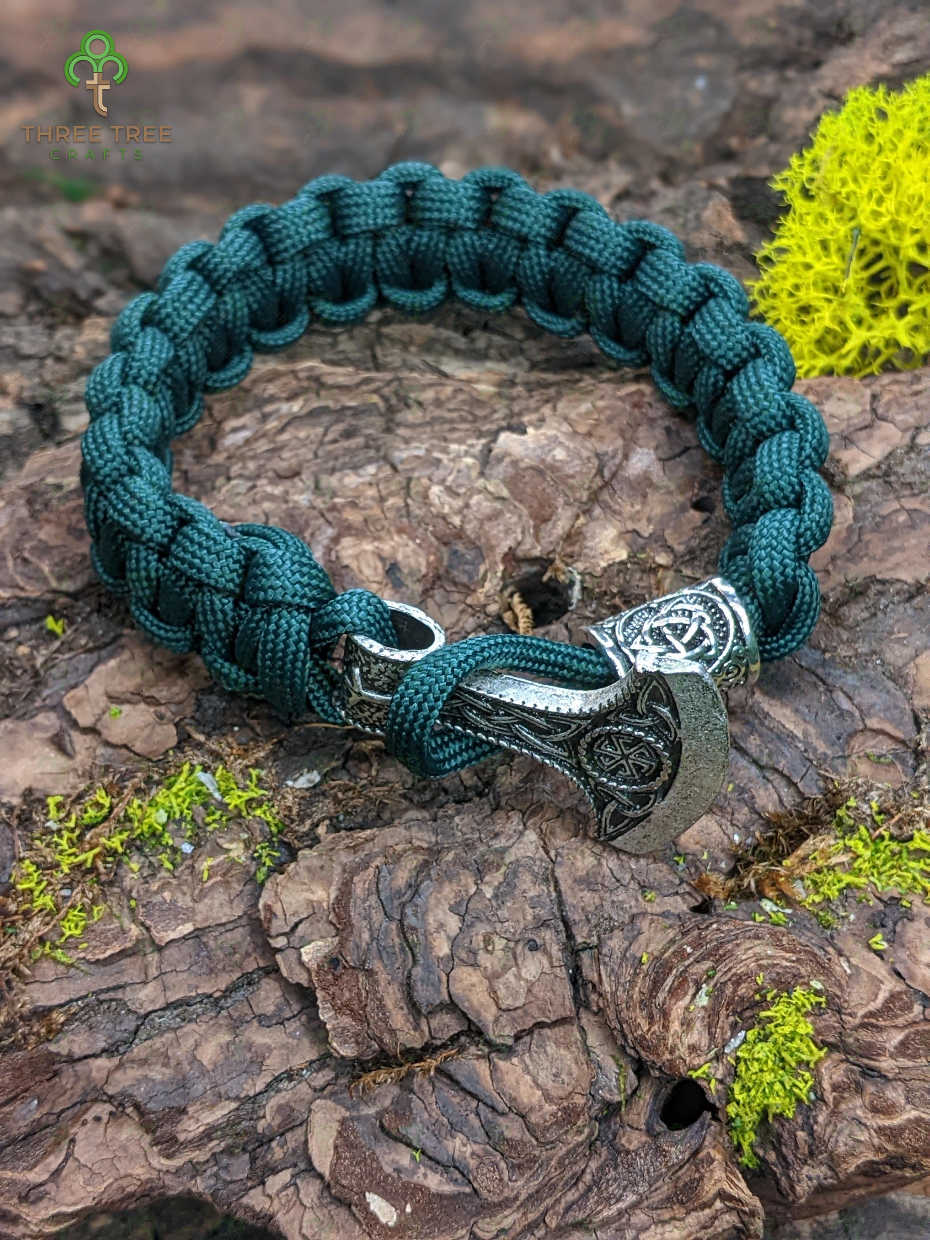 Handcrafted Black Paracord Bracelet with Axe Head and Rune - Sterling