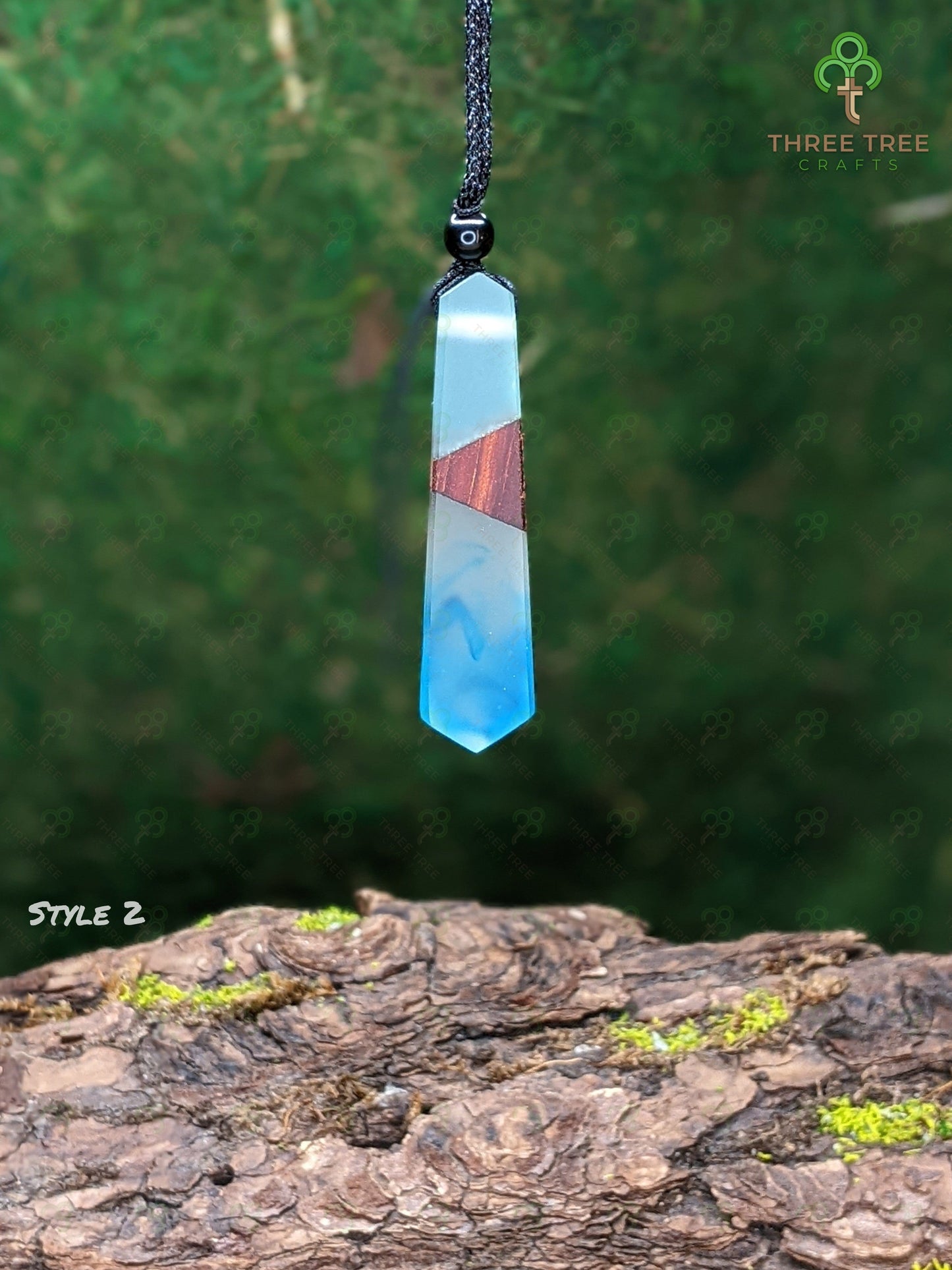 Three Tree Crafts Necklaces & Keychains Polished Wood & Resin Crystal Necklace Style 2 (Clear w Blue)